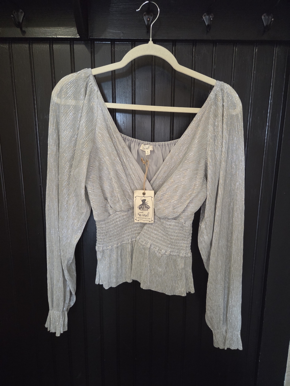 Easel Silver Metallic Wrap Blouse with Smocked Waist